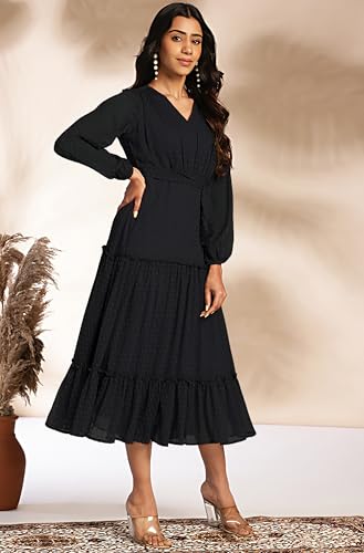 Image of Janasya Women's Dobby Chiffon Woven Design Tiered Dress
