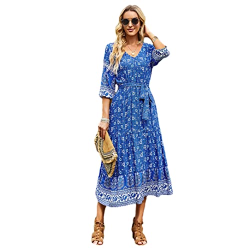 Robe de soirée bohème vintage bleue à col en V pour femme L