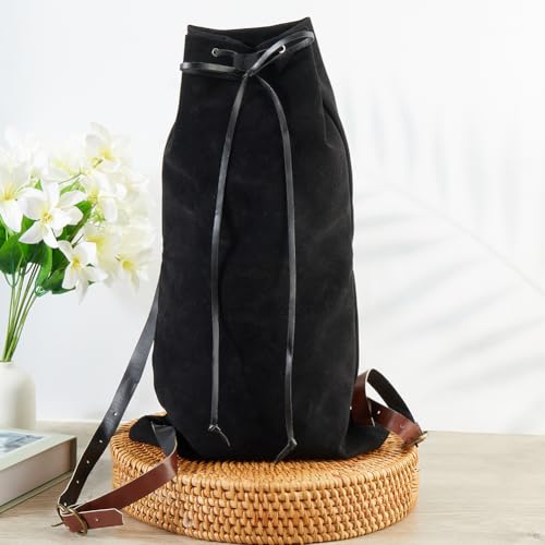 Image of GORGECRAFT Medieval Backpack Black Drawstring Fibre Bag with PU Leather Straps and Alloy Clasps Portable Pouch for Viking LARP Renaissance Outdoor Activities Cosplay Gym Workout Hiking 18x10.8 inch