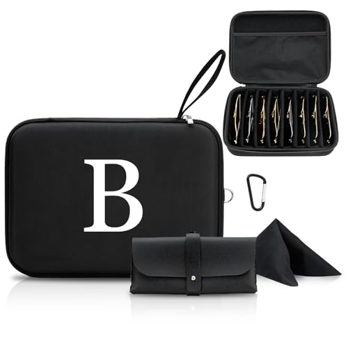 erigerna Estojo organizador de óculos de sol personalizado inicial B, 2 peças, revestimento rígido de EVA com mosquetão de metal, 8 compartimentos ajustáveis para vários óculos e estojo de óculos