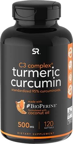 Sports Research Turmeric Curcumin C3 Complex 500 mg, Enhanced with Black Pepper and Organic Coconut Oil for Better Absorption; Non-GMO and Gluten Free - Standardized 95% Curcuminoids (120 Softgels)