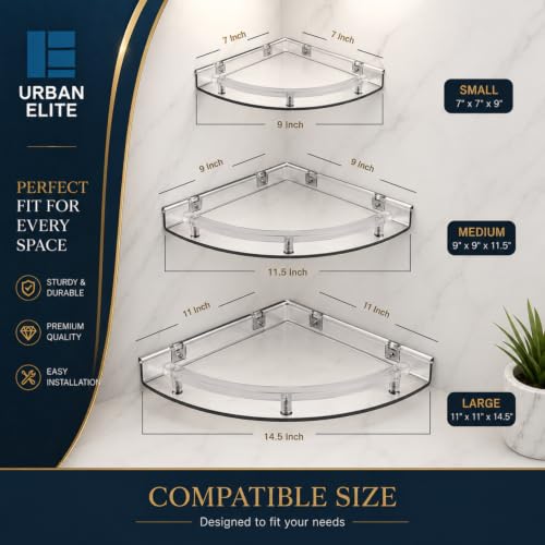 Image of Urban Elite Acrylic Bathroom Corner Shelf Set of 3 - Unbreakable Transparent Wall Mount Organizer (8 inch, 10 inch, 12 inch) | Rust-Proof, High Load Capacity Storage Rack for Bathroom, Kitchen & Home