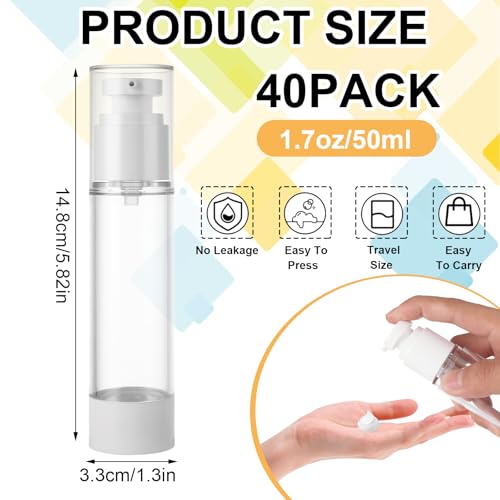 40 PCS 1.7 Oz 50ml Airless Pump Bottles Travel Size Empty Pump Bottle Lotion Container Refillable Cosmetic Pump Dispensers for Foundation Moisturizer Shampoo Toiletry2