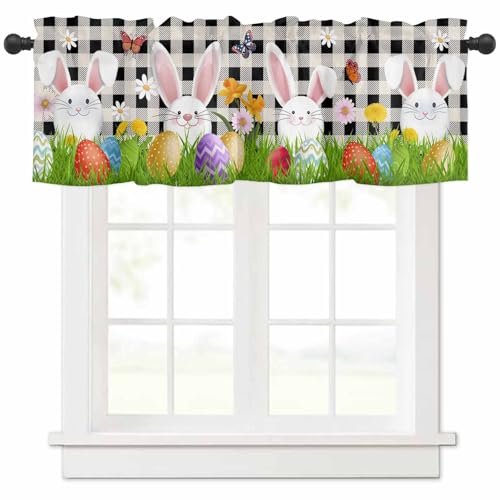 Spring Easter Bunny Valances Curtain for Kitchen Cafe, Cartoon Rabbits Eggs Green Grass Window Valance 1 Panel Short Curtains 42"x 18" Rod Pocket Windows Treatment Drape Butterfly Buffalo Check