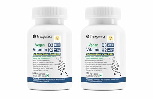 Image of Trexgenics VITAMIN D3 + TRANS K2 (600 IU from Vitashin D3 Lichen + MK7 55 mcg Bone, Cardiovascular, Immunity 100% Vegetarian (60x2=120 Veg Capsules)