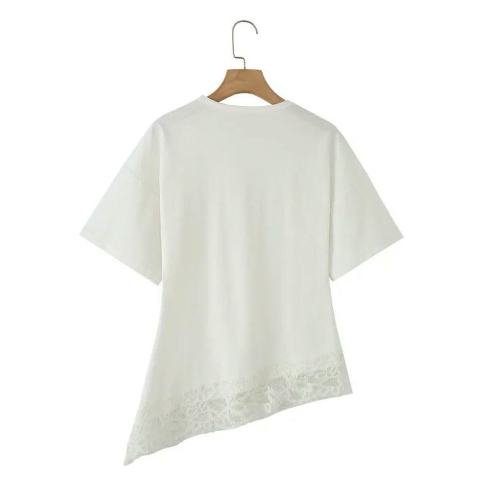 QXDZSW damska asymetryczna koszulka z koronkowym obszyciem luźny bawełniany top wiosna moda minimalistyczna elegancka bluzka