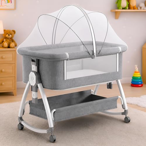 Image of Premium 6-in-1 Baby Bedside Cot, Crib, Cradle Portable All-Mesh Bassinet with Multi-Purpose Tray,Wheels, Storage Basket, and 6 Height Adjustments, for Newborns- Grey