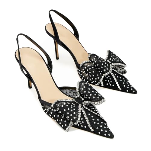 Goolita Bow Sparkly Crystal Slingback Heels for Women, Sexy Stiletto Heels Pointed Closed Toe Mesh Pumps Slip On Party Bridal Shoes for Wedding2