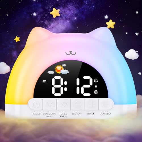 Kids Alarm Clock, OK to Wake Alarm Clock for Kids, Cat Clock with 11 Colors Night Light, 10 Soothing Sounds, Child Lock, Dual Alarms, Sleep Training, Birthday Gift for Boy Girls Children