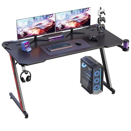 WWI Gaming Desk 160cm Z-Shaped Leg Black Computer Desk with Carbon Fiber Surface PC Workstation Office Desk with Cup Holder & Headphone Hook for Gaming Room Bedroom Home Office (160cm)