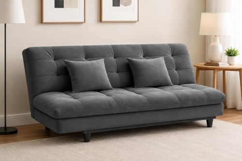 Image of Velvet Fabric Wooden 3-Seater Apsen Sofa Bed with Tufted Couch with Adjustable Backrest- Living Room Furniture-Grey-Color