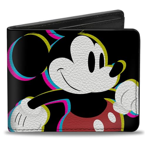 Buckle-Down Men's Disney Wallet, Bifold, CMYK Mickey Mouse Walking Pose Pixel Text Black Multi Neon, Vegan Leather, Multicolor, Standard Size