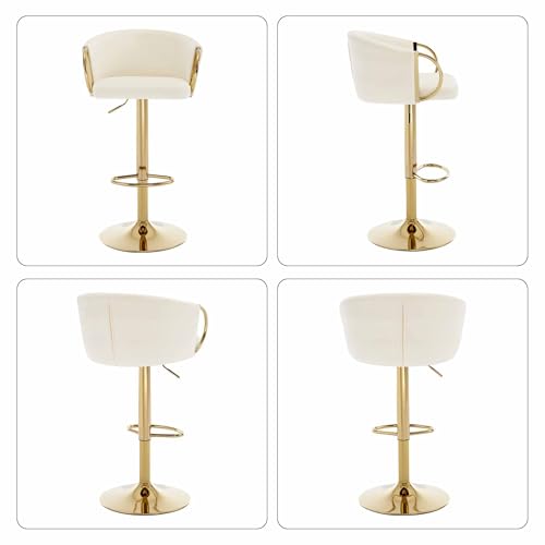 Butacos de Bar en Terciopelo, Set de 4, Ajustables con Giro de 360°, Altura Regulable, con Espaldar y Reposabrazos, Dorados, para Isla de Cocina y Bar en Casa, Color Crema Dorado miniatura 6