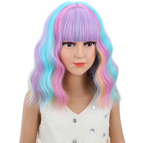 Image of Rainwow Wig Short Rainbow Wavy Curly Wigs Colorful Wig with Air Bangs Synthetic Cosplay Hair Wigs