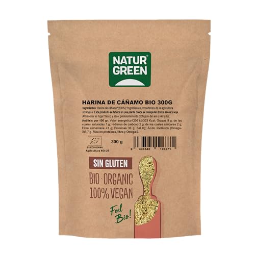NaturGreen - Harina de Cáñamo 300 g, 100% Semillas de Cáñamo Molidas, Fuente de Proteína y Fibra, Ecológica, Vegana, Sin Gluten, Para Smoothies, Repostería o Panes