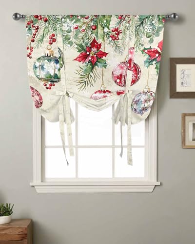 MISHKIN Christmas Balls Tie Up Curtain for Window Blackout Balloon Valance Curtain for Bathroom Winter Vintage Poinsettia Berry Snowflake Beige Window Shade for Kitchen Living Room Bedroom 42