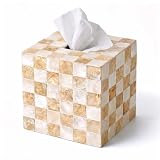 CHI AN HOME 5.5β Square Tissue Box Cover, Capiz Shells Cube Tissue Box Holder with Bottom Slider, Checkered Tissue Box Cover Mother of Pearl Decorative Tissue Holder for Bathroom Vanity, Office, Ivory