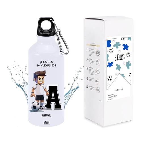 Botella del Madrid personalizada para niños con inicial y nombre bidón de aluminio para fanáticos del futbol cantimplora ligera de agua para llevar de 600 ml con dos tapones (Madridinicial)