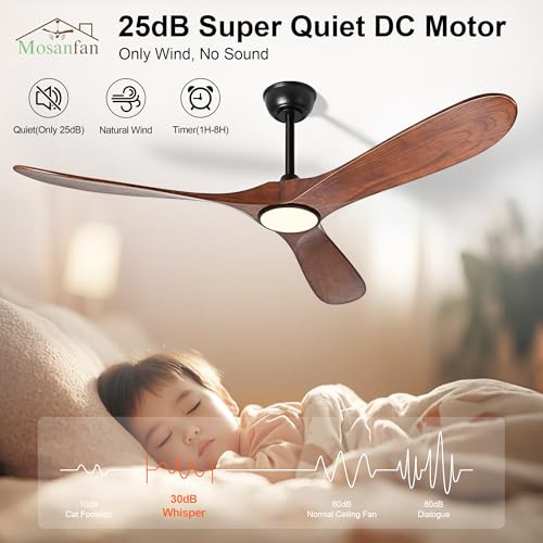 Image of 60 Inch Ceiling Fans with Lights and Remote, Wood Outdoor Ceiling Fan with 6 Speed Noiseless DC Motor, Indoor Modern 3 Blade Propeller Ceiling Fan for Bedroom Living Room Gazebo Patio(Walnut)