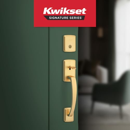 Image of Kwikset Brentford Front Door Lock Handle and Deadbolt Set, Entry Handleset Exterior with Sedona Reversible Lever, Satin Brass, Pick Resistant SmartKey Rekey Deadbolt Security