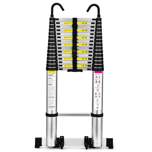 HBTower 6,3m Teleskopleiter Aluminium mit Haken, Leichte Ausziehleiter, Leiter Ausziehbar, klappbare Leiter für Dachböden, Caravans, 150kg Tragfähigkeit, Silber