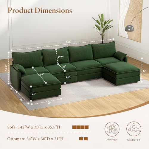 Image of Vesgantti 142 inch Large Cloud Sectional Couch, U-Shaped Deep Seat Sofa, Green