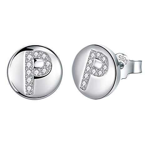 J.Endéar Pendientes Mujer Forma de Inicial P, Plata de Ley 925 con Zirconia Cúbico Alfabeto Pequeño Disco Redondo para Joyería