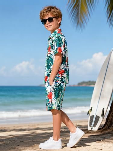 Image of LittleSpring Boys Summer Outfits Button Down Short Sleeve Hawaiian Shirts and Shorts Set