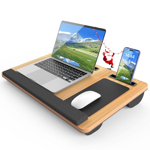 HETTHI Laptop Lap Desk, Portable Large Laptop Desk for Bed, Up to 17 in Lap Table with Wrist Rest, Mouse Pad, Tablet Phone Slot, Portable Handle, Cushion (Light Brown)