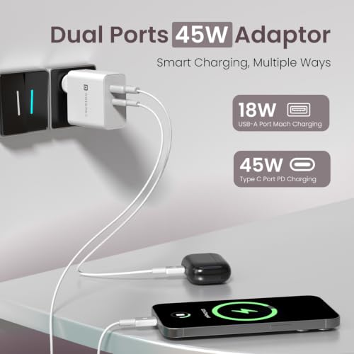 Image of Portronics 45W Adapto 45B Dual Port Fast Charging Adaptor with Type C PD Port & USB-A Port, 1M Type C Cable, PPS Technology, Supports iPhone, Samsung, Tablets & Laptops(White)