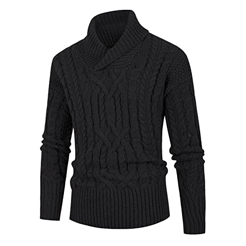 Men's Turtleneck Sweaters Shawl Collar Pullover Sweaters Cable Knitted Long Sleeve Sweater Twisted Textured Knitwear