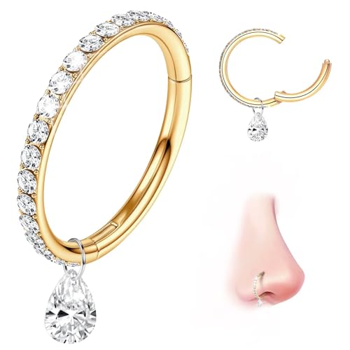 WBRWP G23 Titanium Dangle Nose Hoop Clicker: 18G 6mm Diamond Septum Rings Gold Hypoallergenic Conch Piercing Jewelry Hinged Segment Clicker Lip Rings Helix Rook Daith Tragus Earrings