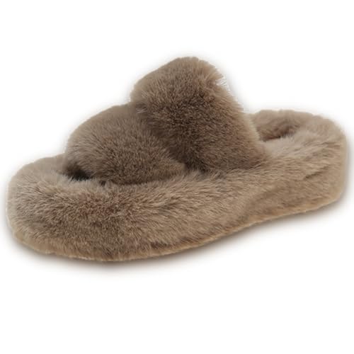 Womens Fuzzy Slippers Warm Comfy House Shoes with Faux Fur Lining Two Bands Non-Slip Sole Warm Fluffy Bedroom Cozy Open Toe Slippers for Indoor and Outdoor