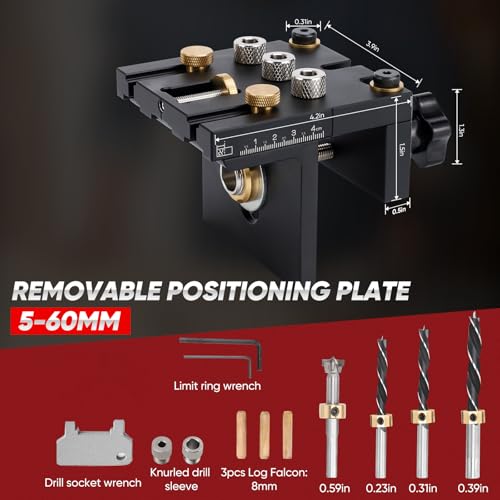 Ampvolts 6/8/10/15mm Holzdübel Bohrschablone Möbelbau - 3 in 1 Bohrlehre für Die Holzbearbeitung Exakte Dübellöchre, Dübelhilfe mit Positionierungsclip Bohrer Perforator, Bohrhilfe