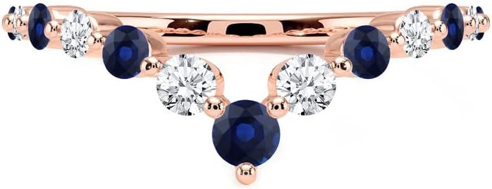 Alternate Blue Sapphire & White Diamond Chevron V Shape Wedding Band For Women, 14k Gold Finish Blue Sapphire Matching Contour V Shape Ring