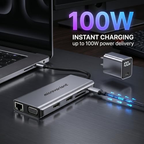 Image of Cport 12-in-1 TypeC Docking Station, Aluminum Type C Adapter with Dual 4K Hdmi, Vga, 1GBPS Ethernet (Rj45) Port, 4X USB 3.0, 100w USB-C PD, 3.5Mm Audio, Tf /Sd Card Reader for Mac /Pc /Laptop