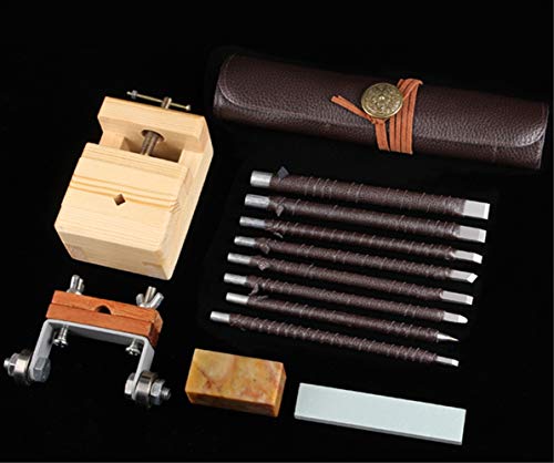 Stone Seal Engraving Kit Stone Carving Set Stone Engraving Tools with Clamp Stone Carving Chisel Set Wood Clamp Chinese Seal Stone Bed (8 Knife)