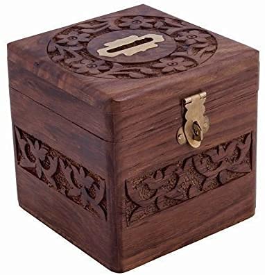 ArtyCoins Storage Box, Money Bank with Carving Work and Lock Safe Money Storage Box, Piggy Bank for Kids & Adults, 4 x 4 inch-Brown