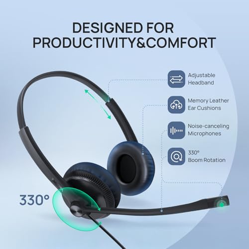 Image of Yealink Phone Headsets for Office Phones YHS34 QD to RJ9 Wired Headset | Leather ear pads,Compatible with Poly Snom Phones Desk Landline Headset with Microphone -Dual /129g /2.1m Cable