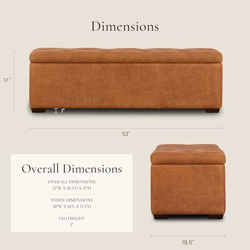 Image of POLY & BARK Senja Storage Ottoman - 52 inch Large with Feather-Down Topper - Full-Grain Leather Upholstered Ottoman Box - Bench or Bedroom Storage - Vintage Italian Leather in Cognac Tan