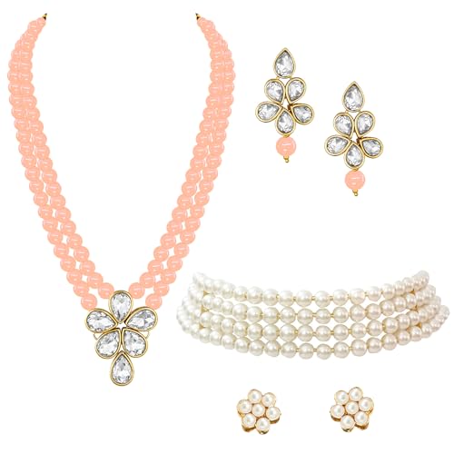 Image of Peora Crystal Faux Pearl Kundan Necklace & Jewellery Set Gift for Women