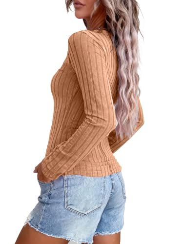 Image of APOFER Women Long Sleeve Tunics Ribbed Scoop Neck Tops Slim Henley Shirts
