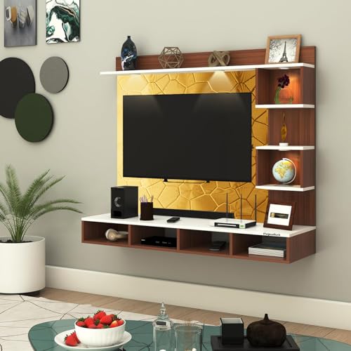 Image of TV Cabinet for Bedroom 32 inch to 65 Inches Engineered Wood TV Entertainment Unit Back Side 3mm UPVC Self Adhsive Waterproof Sheet and Lights (Gold, 32-43 Inches, Without Fitting)
