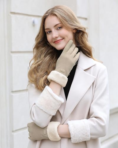 ZASFOU Damen Winter Warm Touchscreen Handschuhe mit Fleece Gefütterte Strick winterhandschuhe für Kaltes Wetter,Beige,M