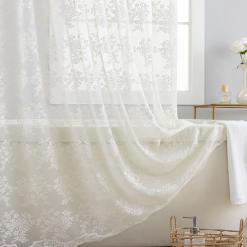 TUDECO Extra Long Shower Curtain 84 Length - Rustic Floral Lace Beige Shower Curtain for Bathroom, Scalloped Edges Natural 84 Inch Shower Curtain with Attached Valance, 72 x 84 Inch, Light Beige