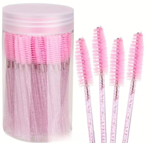 Lot de 100 brosses jetables pour cils et sourcils, applicateurs de mascara pratiques avec poignée élégante en cristal rose, idéal pour un maquillage précis et professionnel.