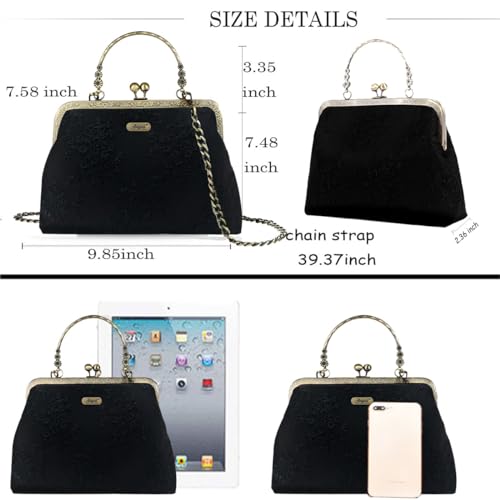 Floral Top-Handle Handbag, Kiss Lock Evening Bag for Women, Vintage Purse with Chain, Women's Retro Clutch Bag for Party（White-gold-lace） — view 4