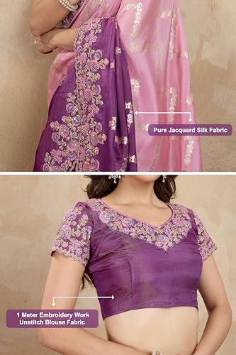 Image of TRENDMALLS Women's Jacquard Silk Embroidery Zarkan Work Saree with Unstitch Blouse Piece