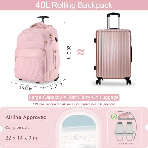 Rolling Backpack Carry On Luggage For Adults With Wheels, Wheeled Backpack For Women, Travel Roller Backpack, Pink, 17-inch, Rolling Backpack Carry on Luggage