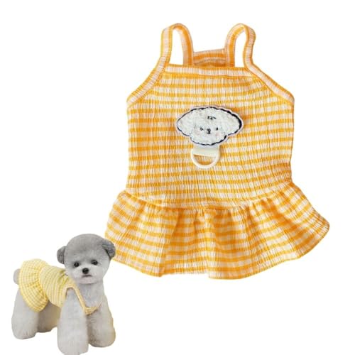Striped Checkered Dog Dress with D-Ring, Cotton Pet Clothes for Small & Medium Dogs, Comfortable Summer Dog Outfit for Puppies(Yellow,XXL)
